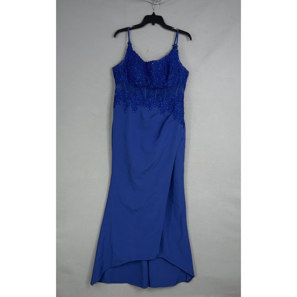 Galina Signature Dress Womens 14 Blue Beaded Lace Sweetheart Maxi Mermaid Gown